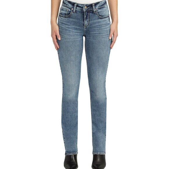 NWT Silver Jeans Mid Rise Curvy Fit Suki Slim Boot 33 Inches In Blue Black Denim - Picture 1 of 3